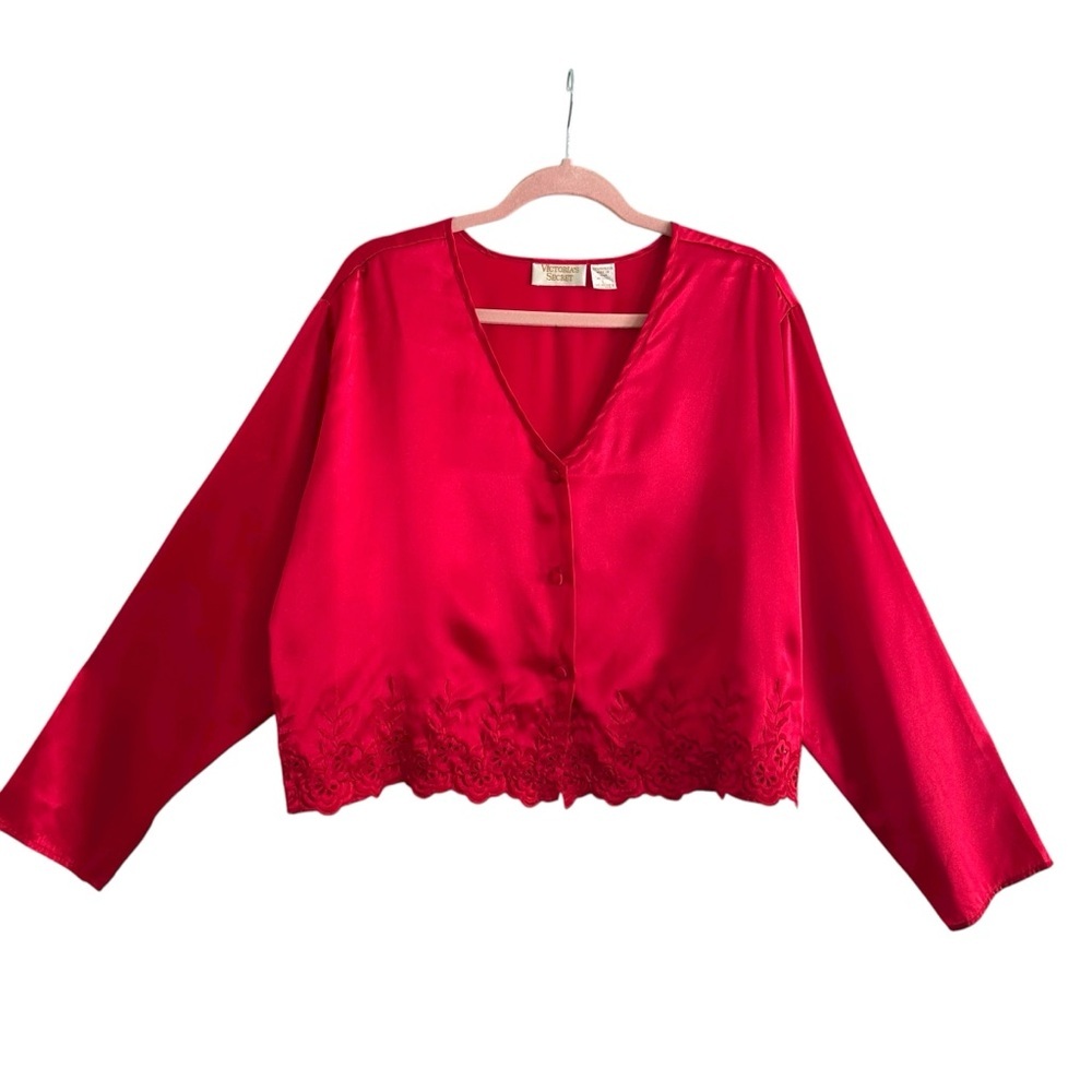 Victoria’s Secret Vintage Y2K Red Satin Blouse Gold Label Embroidered Lace‎ Trim